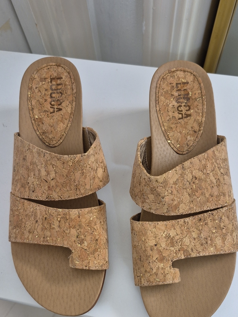 Lucca Cork Double-Strap Slide Sandals in Natural Tan